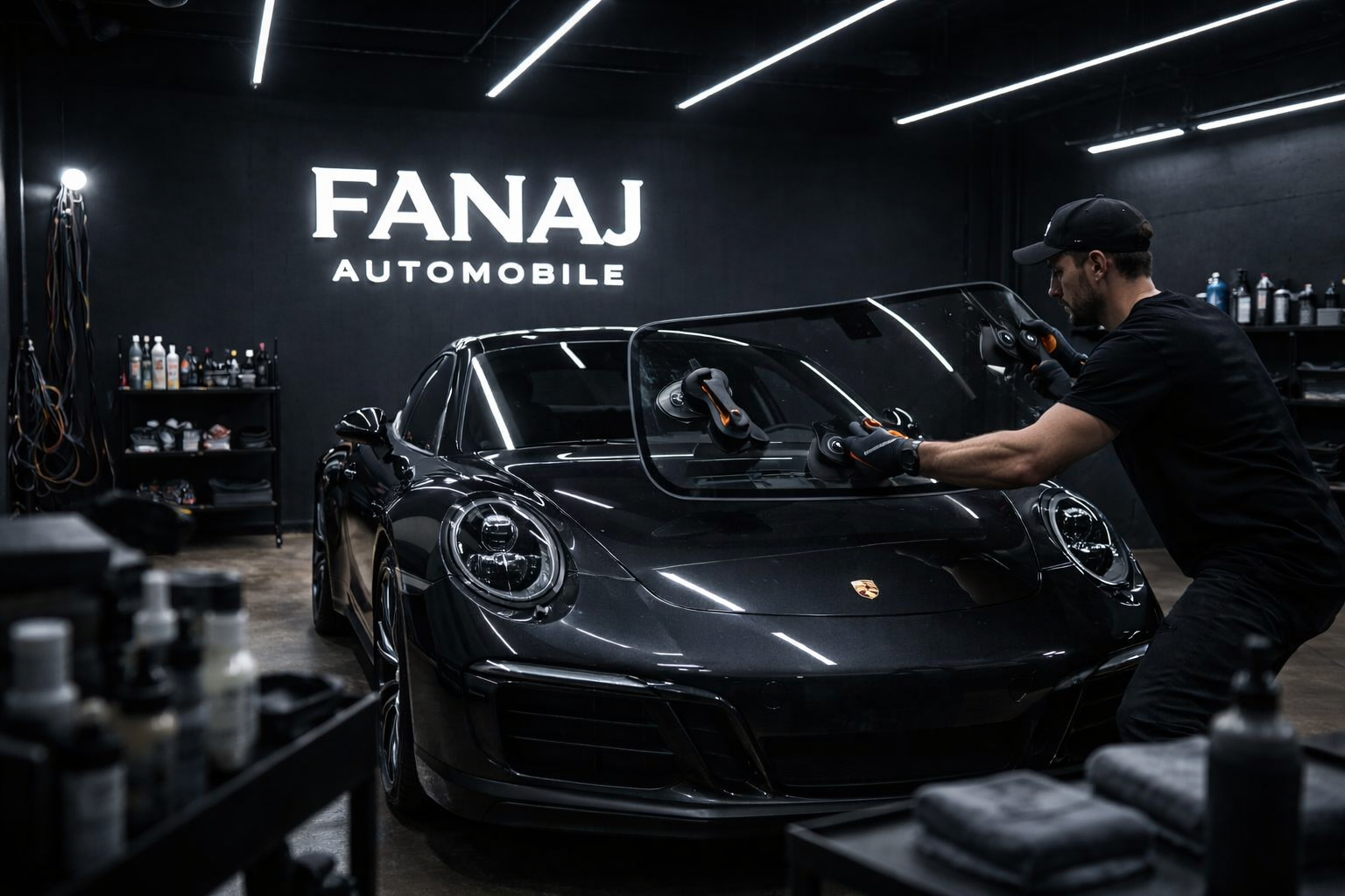 replacing porsche windshield at fanaj workshop